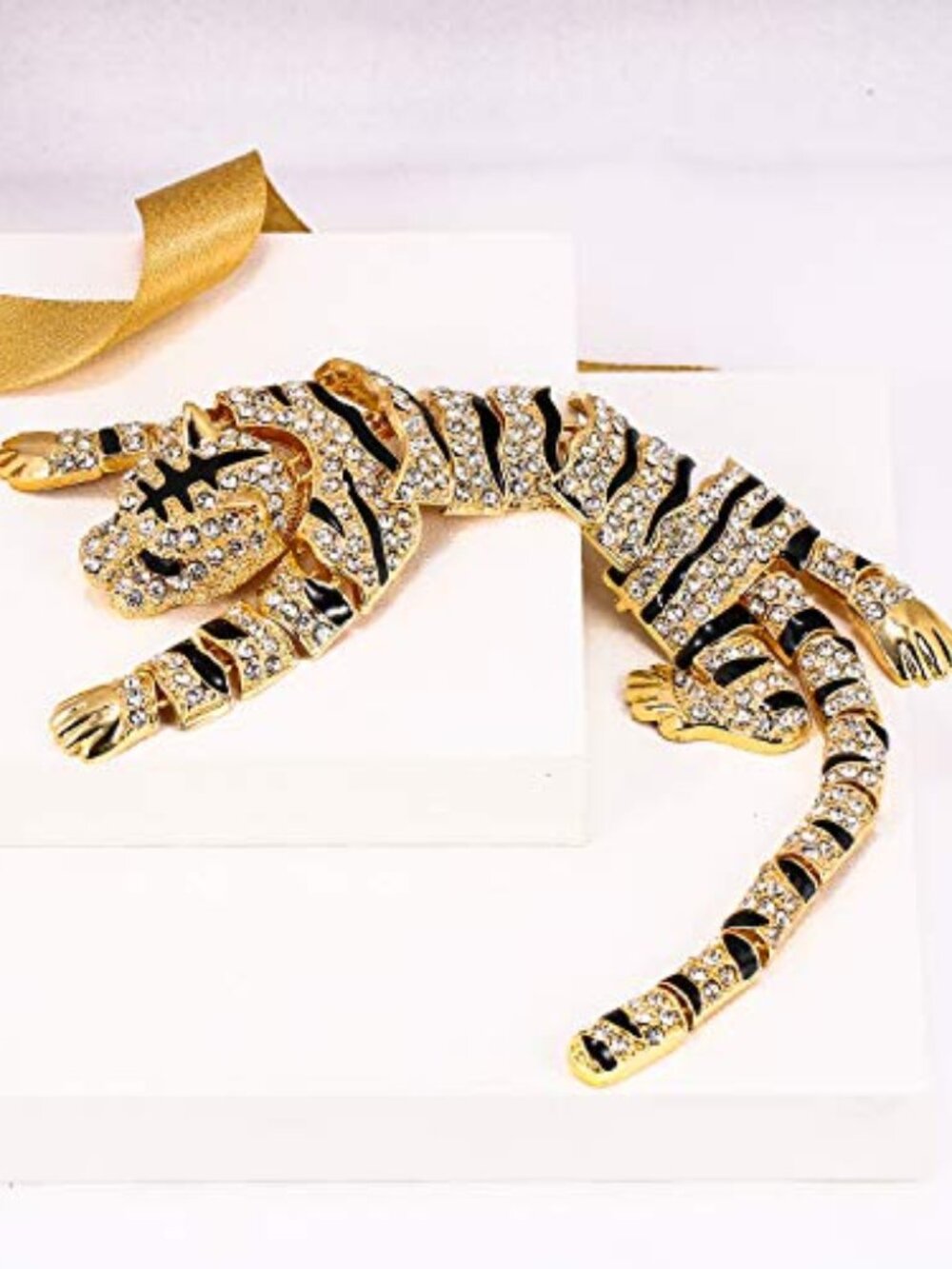New - Austrian Crystal Enamel 10 Inch Wildlife Predator Tiger Animal Brooch